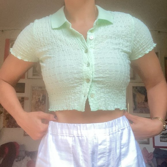 Urban Outfitters Shirred Polo Crop Top - Picture 1 of 7